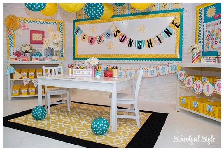 a colorful classroom with a "sunshine" theme