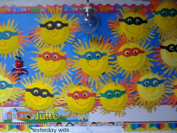 Classroom decor of suns wearing glasses