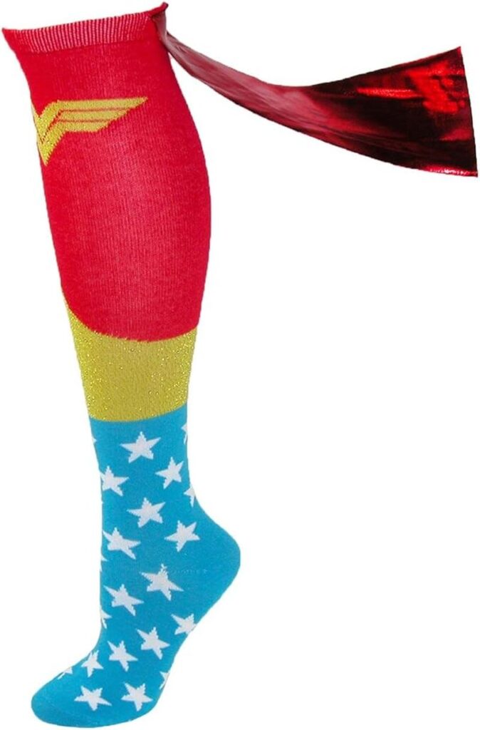 Wonder Woman themed knee socks with cape attached to the back