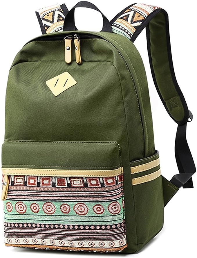 Army green canvas backpack with a patterned front pocket and side stripes