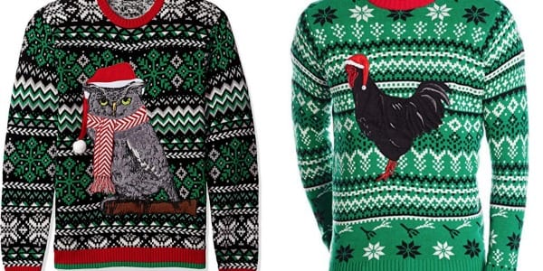 Christmas sweater with an owl and a green christmas sweater with a rooster.