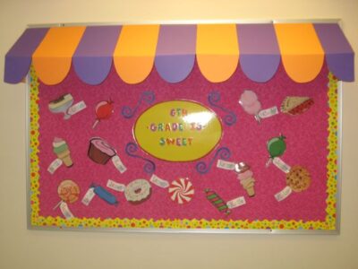 6th grade is sweet dessert and candy themed bulletin board for August