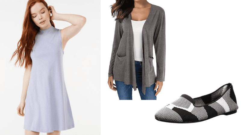swing dress, cardigan, and shoes low price outfit for teachers