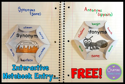 notebook divided into two entries, one for synonyms and another for antonyms with a designated word and picture with movable flaps indicating synonyms and antonyms