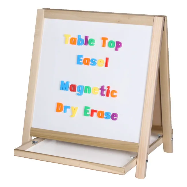 A wooden framed easel has a magnetic side with magnetic letters on it. There is a tray underneath in this example of an art easel for kids.