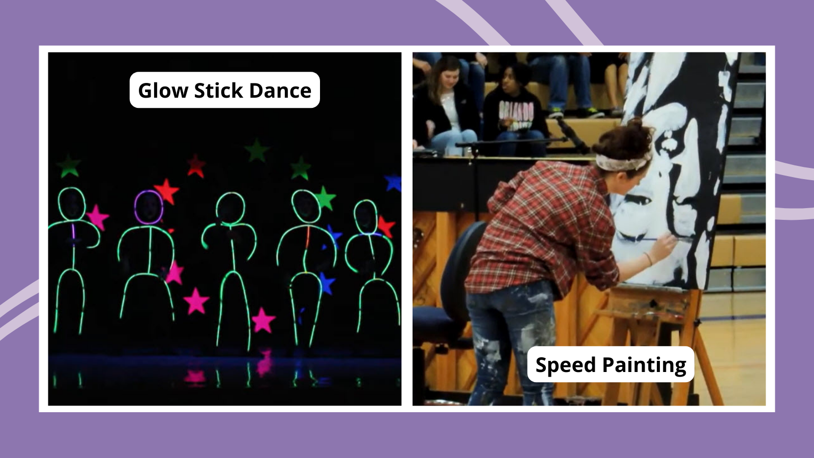 Collage of talent show ideas including a glow stick dance and speed painting