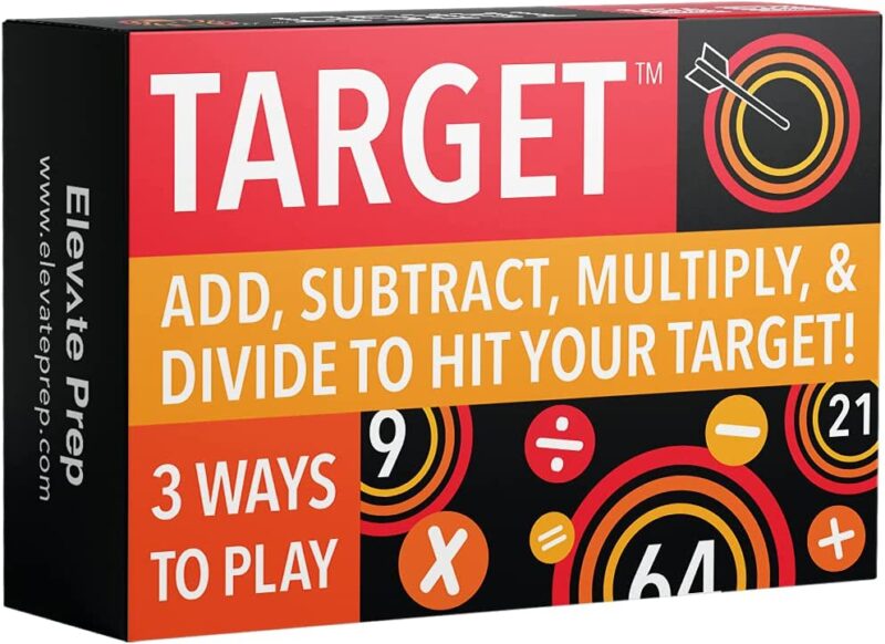 A box says Target in large letters and also Add, Subtract, Multiply, and Divide to Hit Your Target. (math board games)