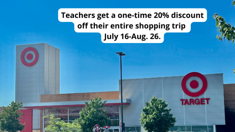 Photo of Target store with text 'Teachers get a one-time 20% discount off their entire shopping trip July 16-Aug. 26.'