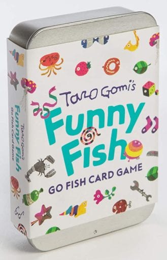 Taro Gomi's Funny Fish Go Fish Card Game deck of cards with colorful and whimsical objects on the case cover