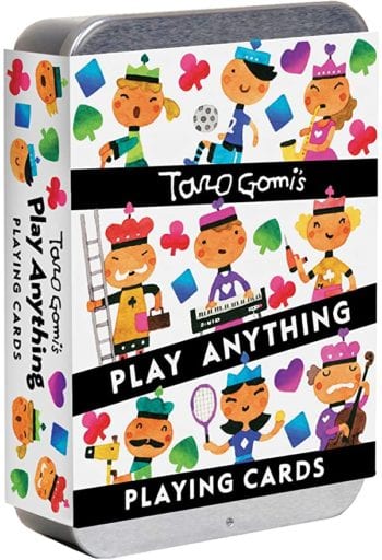 Taro Gomi's Play Anything Playing Cards deck of cards with whimsical and colorful jacks, kings, queens, and kings on the case cover