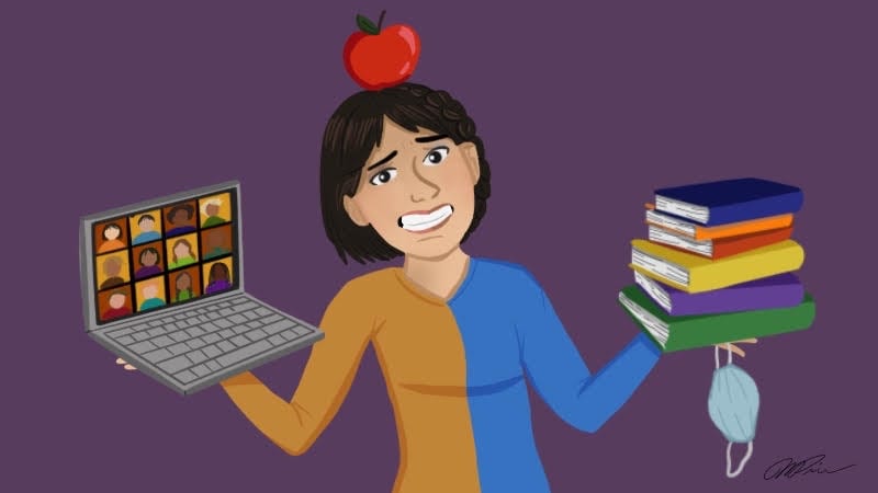 Teacher with apple on head holding laptop, books, and mask