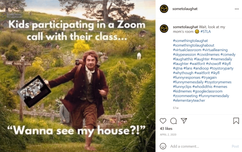 Meme of Bilbo Baggins running through the shire with a laptop in his hands with the words "Kids participating in a zoom call with their class... 'Wanna See My House?'"