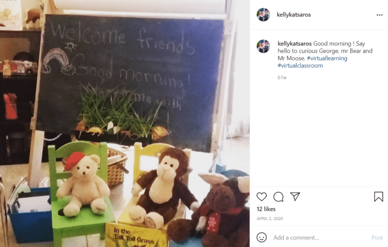 Group of stuffed animals sitting in a front of a chalkboard as a welcome to students in a virtual classroom