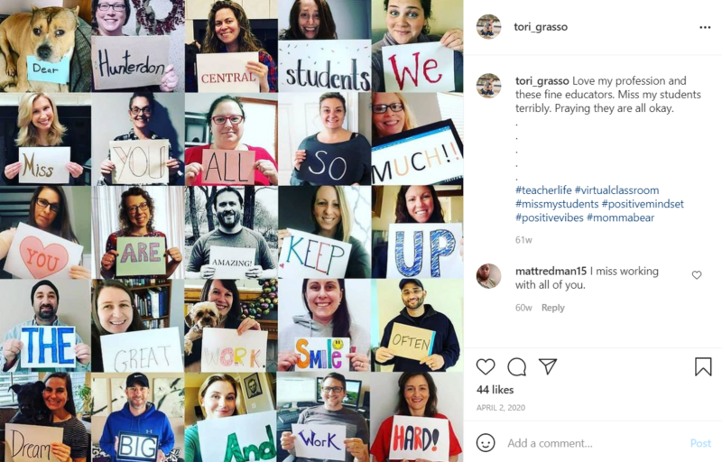 Collage of school employees holding up signs of encouragement for students