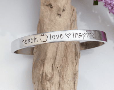 Teach, love, inspire cuff bracelet in silver with apple and heart