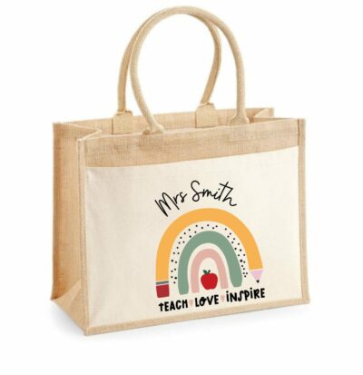 Jute teacher tote back with personalized name and teach, love, inspire with rainbow