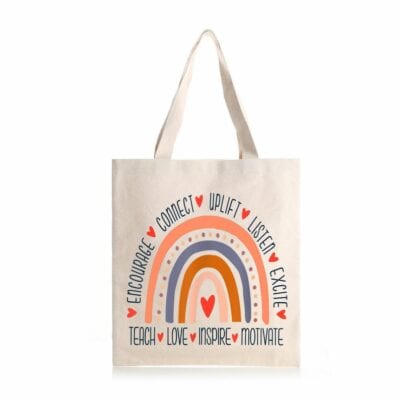 Teach, love, inspire, motivate tote bag with rainbow