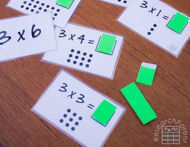 Multiplication flashcards with arrays and mini sticky notes on the answer side