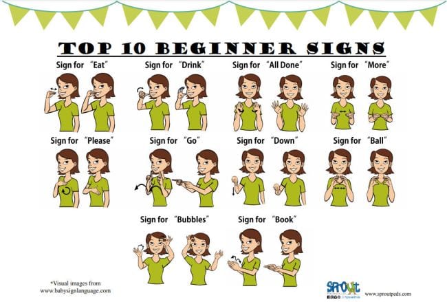 Cartoon pictures of woman showing the signs for words like eat, drink, go, and please (Teach Sign Language)