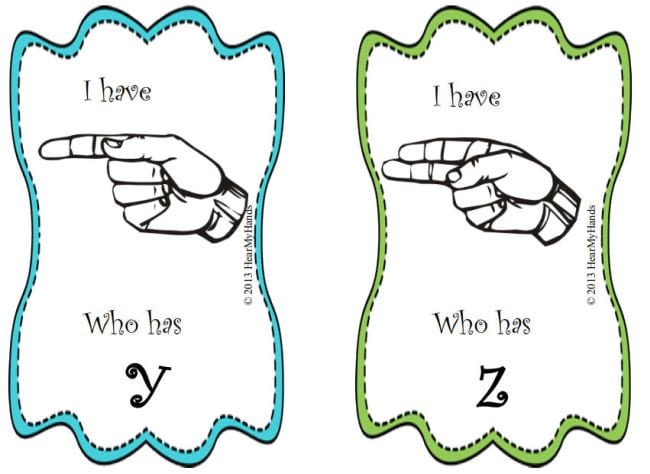 Printable cards saying I Have followed by a hand making an ASL letter, then Who Has followed by another letter