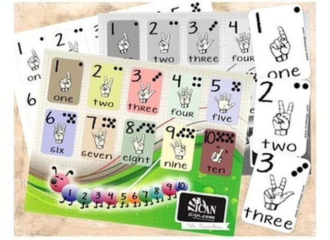 Colorful cards showing ASL signs for numbers one to ten (Teach Sign Language)
