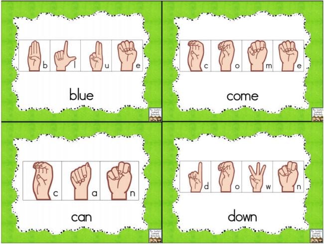 Four printable cards with the words blue, come, can, and down and hands spelling the letters for each (Teach Sign Language)