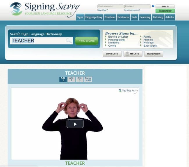 Screenshot from Signing Savvy website showing person demonstrating the sign for teacher (Teaching Sign Language)