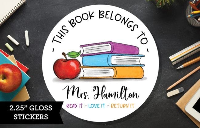 Sticker with picture of books saying This Book Belongs To... (Teacher Appreciation Gifts)