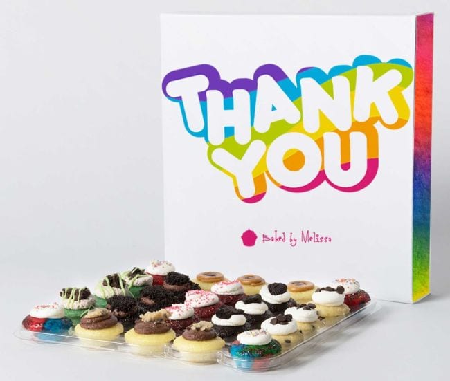 Tray of 25 mini cupcakes with a rainbow-colored thank you box