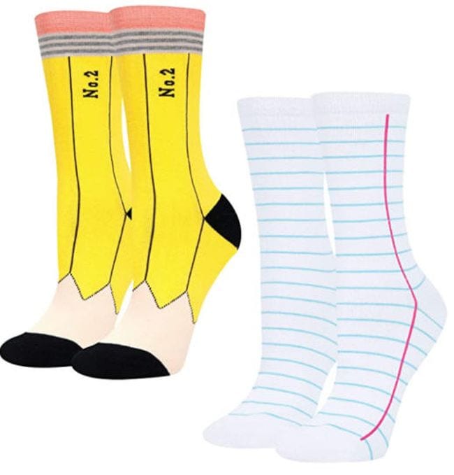 Socks that look like a number 2 pencil and notebook paper