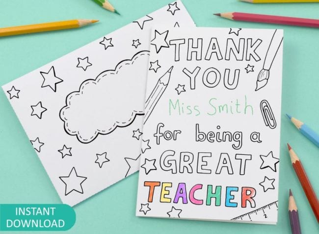 Colorable card saying Thank You For Being a Great Teacher