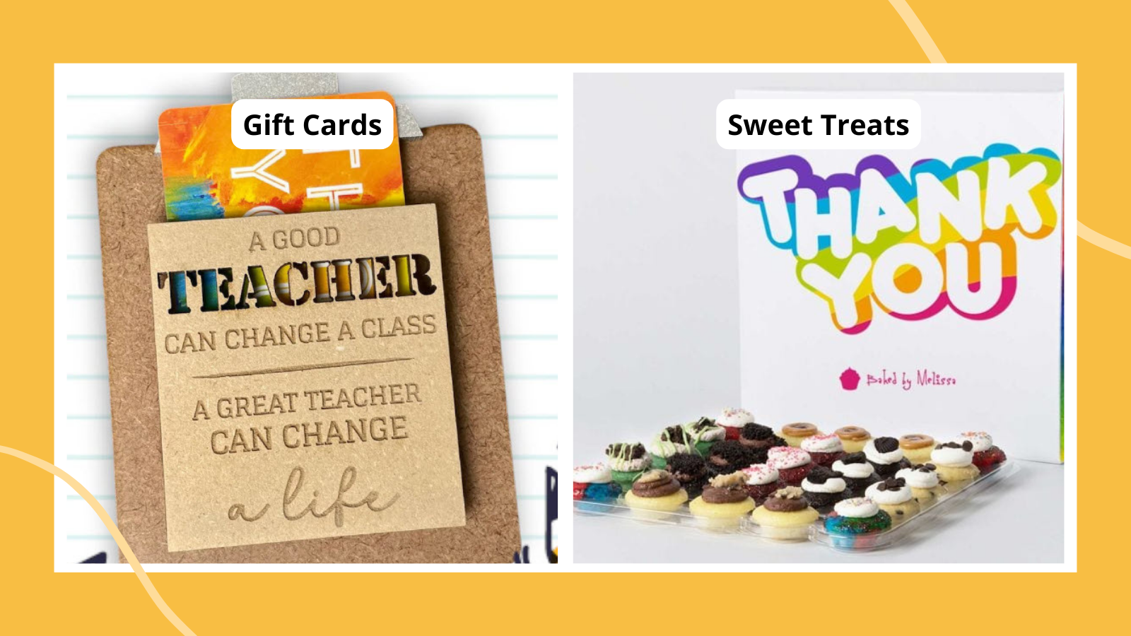Collage of teacher appreciation gifts including gift cards and cupcakes
