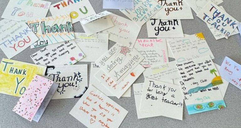 A pile of handwritten thank you notes for US teacher appreciation week