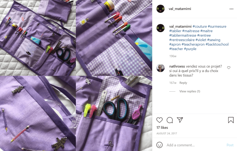 Collage of several photos of a purple teacher apron from different angles with lots of pockets