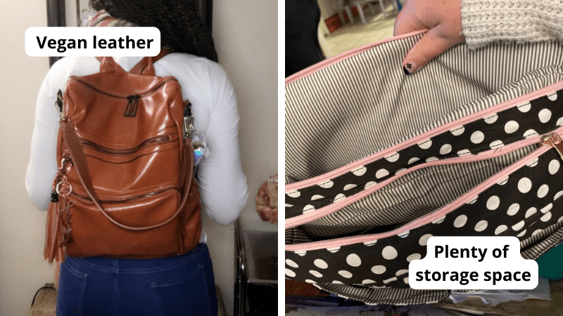 Examples of Teacher bags including a teacher wearing a vegan leather backpack and a closeup of a teacher showing a polka dot backpack with plenty of storage space.