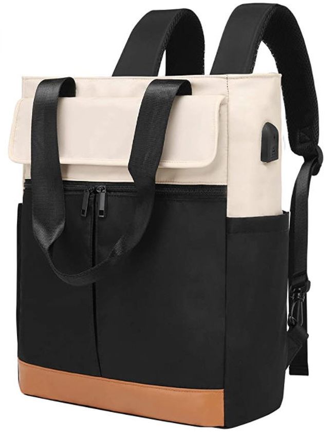 Convertible tote backpack in black, white, and brown, as an example of the best teacher backpacks