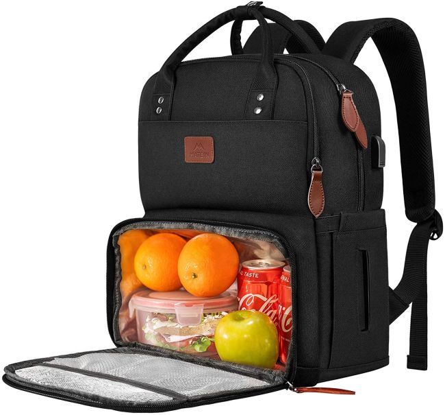 Black backpack with front cooler pocket, an excellent teacher backpack for those who bring their own lunch or snacks