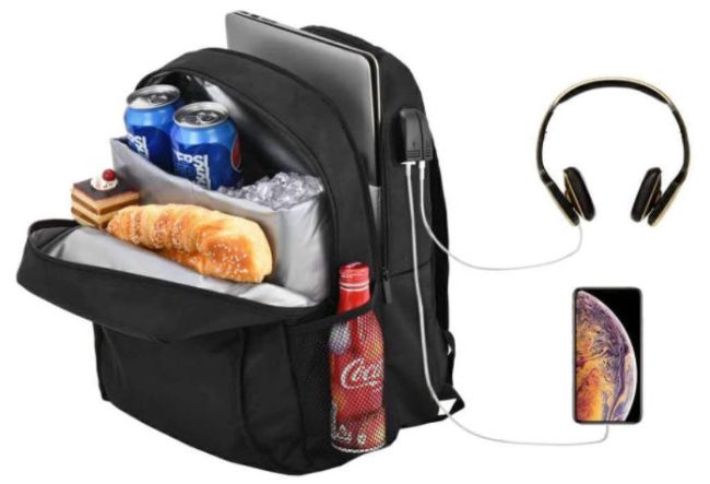 Backpack with cooler pocket and ports for headphones and charger, as an example of the best teacher backpacks