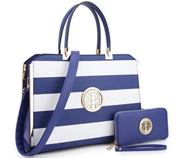 Blue and white striped bag with blue wallet