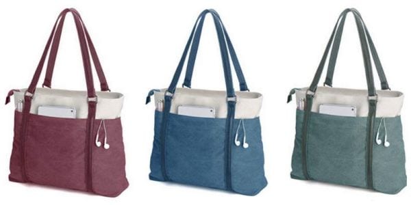 Simple tote bags with external pockets in rose, blue, and sage green