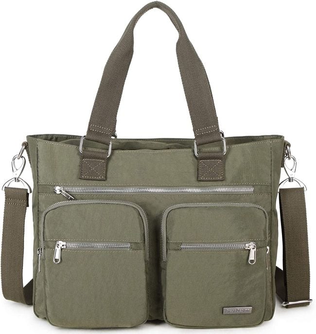 Olive green tote bag with outside zipper pockets and detachable handles