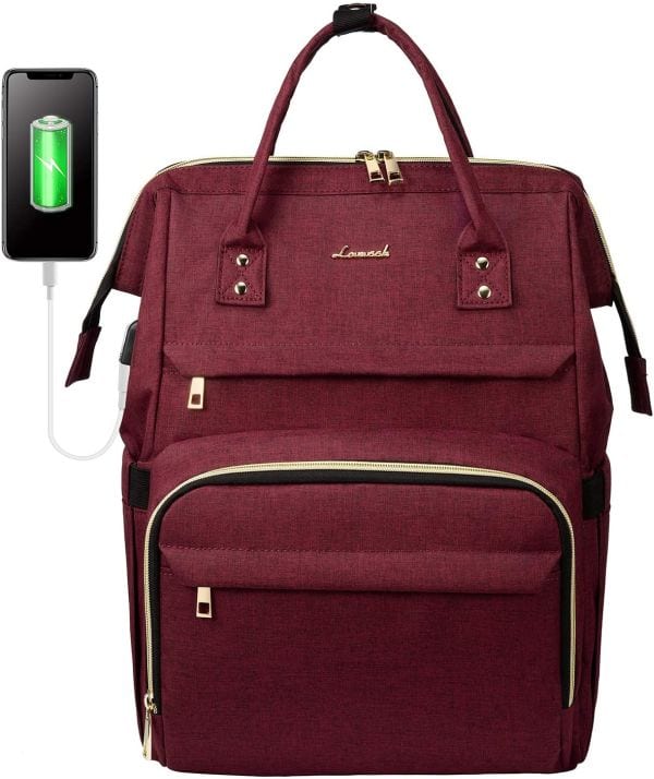 Wine-colored backpack made to fit a laptop, with top handle and external USB charging port (Best Teacher Bags)