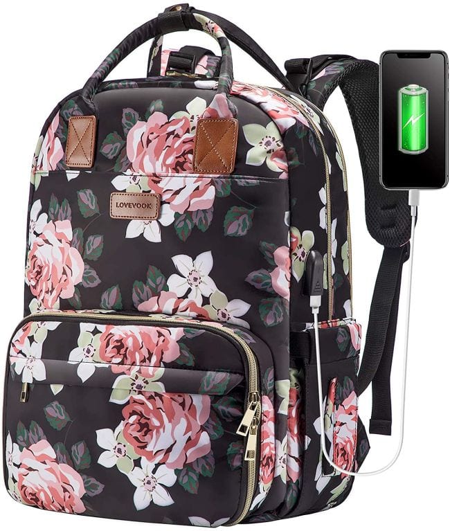 Floral print backpack with USB charging port (Best Teacher Bags)