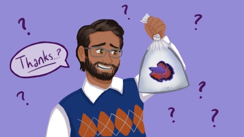 Teacher with a beta fish in a bag saying thanks? on a purple background