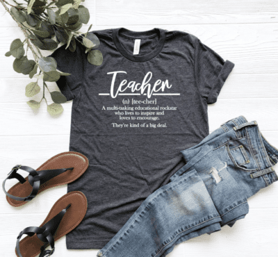 Teacher shirt saying "a multitasking educational rockstar who lives to inspire and loves to encourage. They're kind of a big deal." 