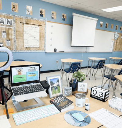 Teacher classroom and desk set up