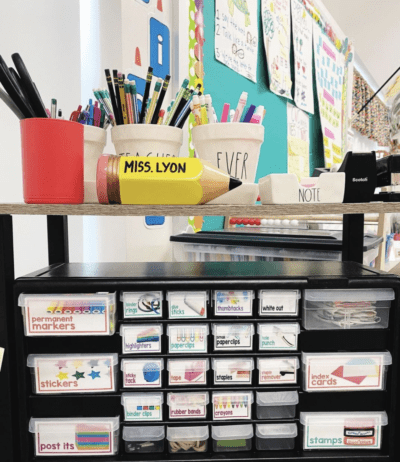 Desk shelf on teacher desk