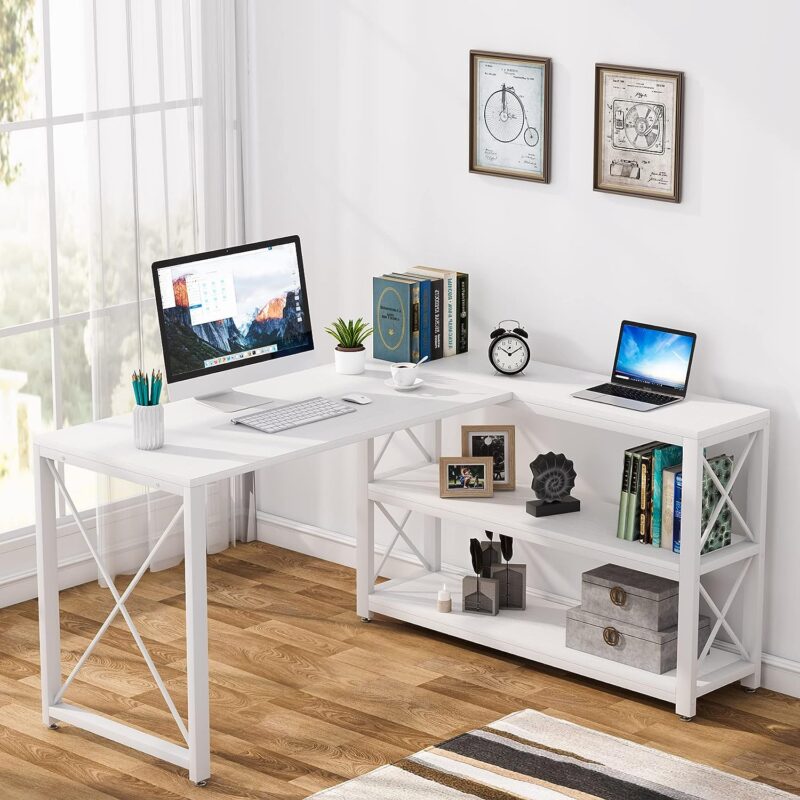 Tribesigns reversible industrial L-shaped teacher desk with storage shelves