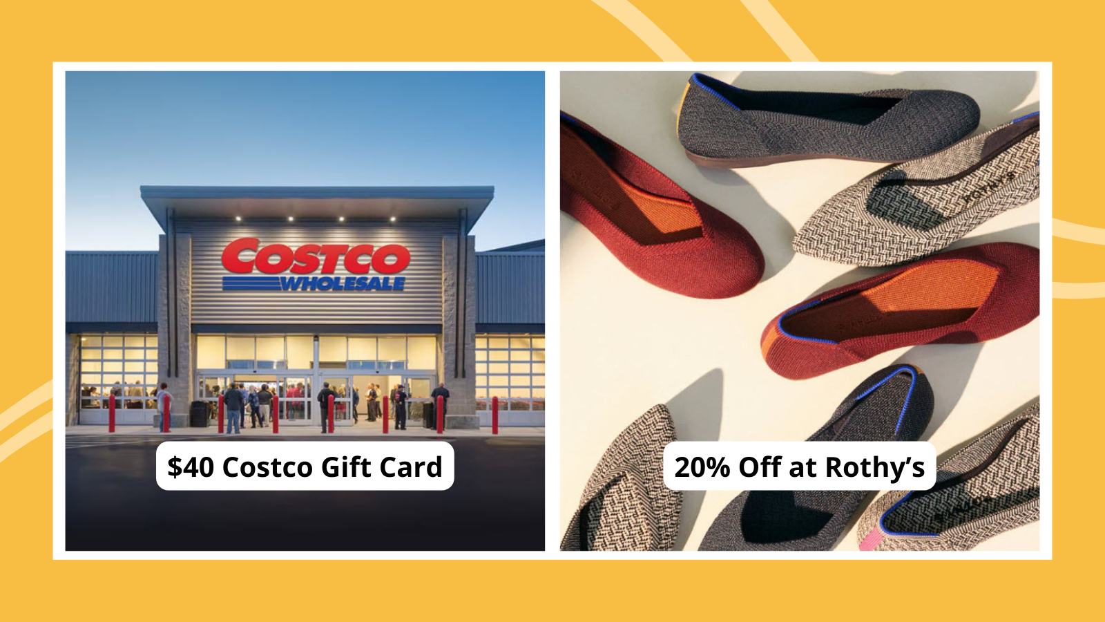 Collage of teacher discounts, including $30 Costco gift card and 20% off at Rothy's