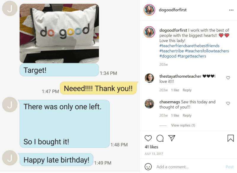 Chat exchange with a picture of a pillow that says "do good" 